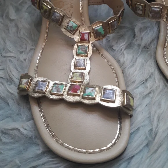 60s Vintage Mod Multi Colored JEWEL Studded Gold Lame Block Heel Sandals Size 7 - Picture 11 of 16